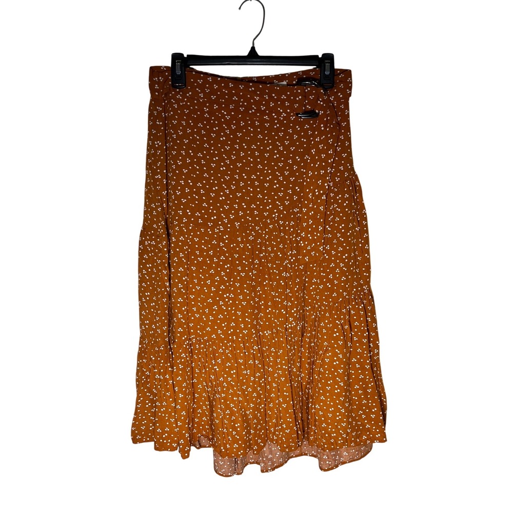 EASEL Los Angeles Rust Orange Polka Dot Tiered Midi Skirt with Belt Womens L
